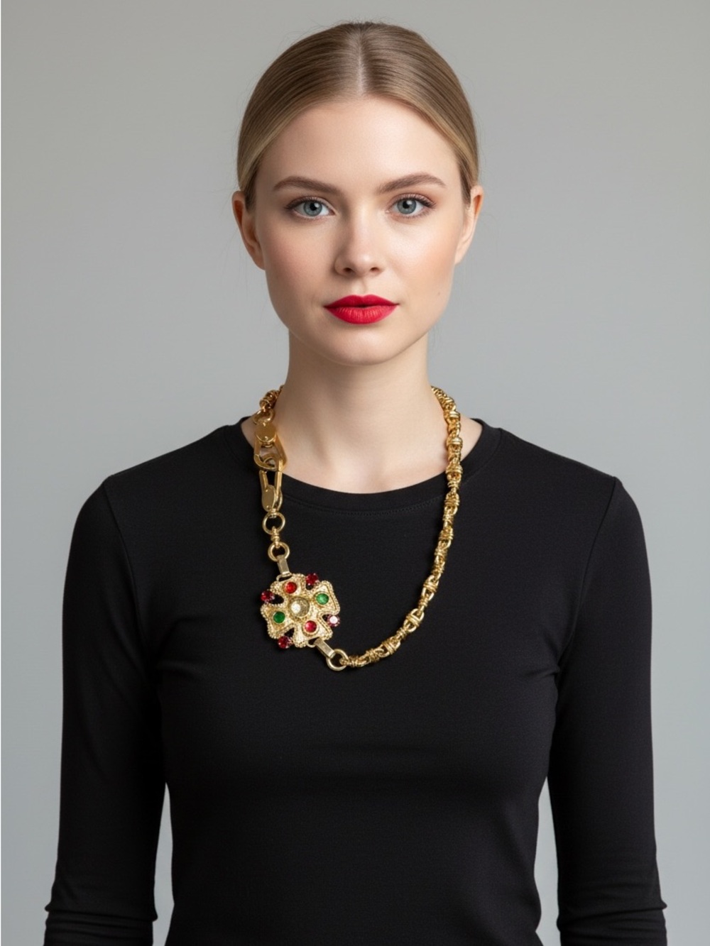 Dolce & Gabbana Gold Necklace Or Bag Charm with Green and Red Gem Motif
